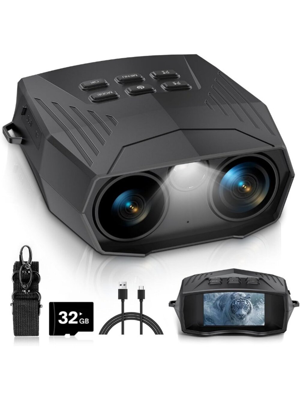 Rechargeable Night Vision Goggles with 10X Zoom & 3'' Screen for Camping